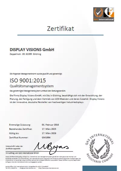 Certified quality management system according to ISO 9001:2015