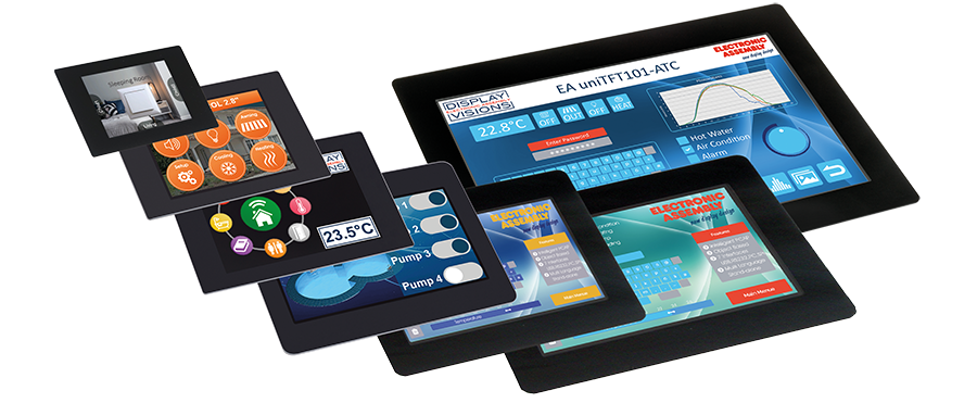 [Translate to Englisch:] Intelligente HMI Displays mit PCAP-Touch zum Einbau mit USB, RS232, SPI, I²C